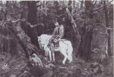 In overpeinzing (Ridder te paard rijdt het donkere bos in)