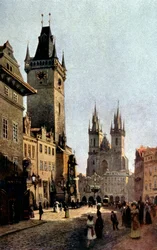 het Starometsky plein en stadhuis in Praag, ca. 1900 (prent)