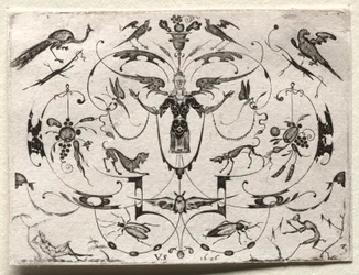 Arabesk met pauw, parkiet, honden en insecten, 1626.