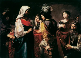 La Teller de bonne aventure Schilderij door Jean Valentin de Boulogne (1594-1632) Dim. 125 x 175 cm Parijs, Musee du Louvre