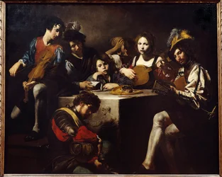 Het bas-reliëfconcert. Muzikanten verzameld rond een gebeeldhouwd altaar. Schilderij van Valentin de Boulogne (1591-1632). Afmetingen: 1,73 x 2,14 m.