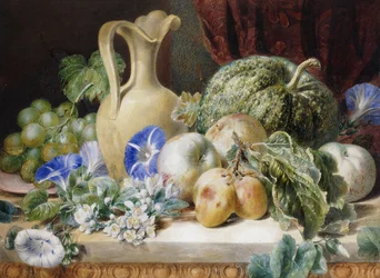 Een Stilleven met een Kan, Appels, Pruimen, Druiven en Bloemen