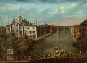 Processie van de Grootvizier op het Hippodroomplein met de Sultan Ahmed Moskee, 1737