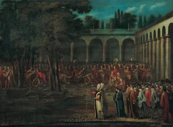 De ambassadeursdelegatie die door de tweede binnenplaats van het Topkapı-paleis trekt, 1720s