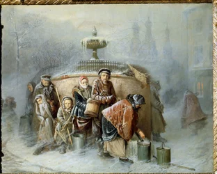 De rij bij de fontein. Midden in de winter wachten de inwoners van de stad in de koude wind en de mist op hun beurt om hun emmers met drinkwater te vullen. (1834-1882)