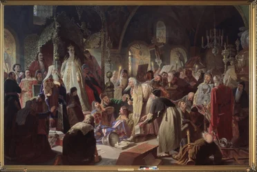De oude gelovige priester Nikita Poustosviat debatteert met patriarch Joachim over het geloof in aanwezigheid van regentes Sophia Alexeievna Romanova