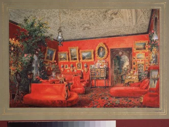 De rode woonkamer in het Yusupov-paleis in Sint-Petersburg