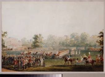 Militaire parade op de weide van het Elagin-paleis in Sint-Petersburg. (Defilé van de keizerlijke garde). Werk van Vasily Semyonovich Sadovnikov (1800-1879)