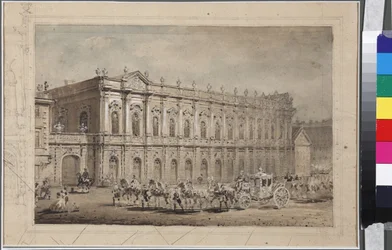 Het Museum van Hofkoetsen (Het Stallenmuseum) in St. Petersburg, door Sadovnikov, Vasily Semyonovich (1800-1879). Aquarel op papier