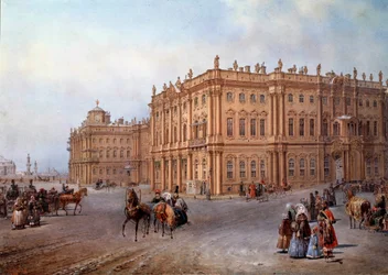 Uitzicht op het Winterpaleis in Sint-Petersburg in 1843. Lithografie door Vasily Sodovnikof