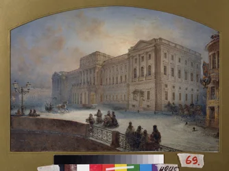 Uitzicht op het Marlinsky-paleis in de winter (Sint-Petersburg). Werk van Vasily Semyonovich Sadovnikov (1800-1879)