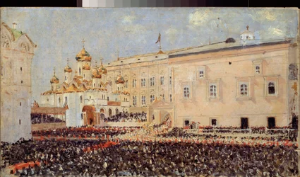 De kroning van keizer Alexander III (1845-1894) in het Kremlin van Moskou op 15 mei 1883