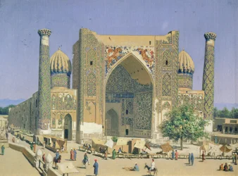 Medrasah Shir-Dhor op Registan-plein in Samarkand