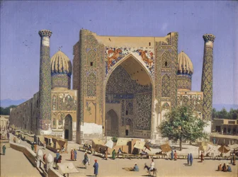 De Sherdar Madrasah op het Registan-plein in Samarkand, 1869-1870