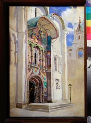 De zuidelijke ingang van de kathedraal van de Ontslapenis in het Kremlin van Moskou