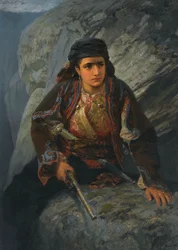 De uitkijk (Le guet) Jonge vrouw houdt de wacht met een pistool in de hand - Schilderij door Vassili Polenov (1844-1927)