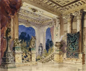 Toneelontwerp voor de opera De scharlaken Roos door N. Krotkov, 1884