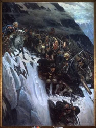 Italiaanse veldtocht (1799-1800): de mars van Aleksandr Soevorov (Suwarow of Suwow Rimniski of Rimnitskoi) (1729-1800) en de Russische troepen door de Alpen in 1799 - Mars van Soevorov door de Alpen in 1799 - Schilderij van Vasili Ivanovitsj Soerikov