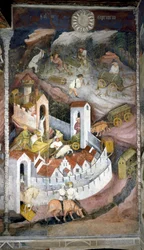December: de houthakkers verzamelen het hout en brengen het terug naar de stad Trento waar de muur en het kasteel van Buonconsiglio worden weergegeven