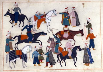 Een paardenmarkt in Turkije onder het Ottomaanse Rijk. Miniatuur uit Turkish Memorials (codex Cicogna 1971 Memorie Turchesche). Aquarel uit de 17e eeuwse Venetiaanse school