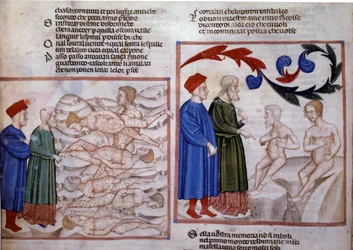 Dante en Vergilius in gesprek met Grifolino van Arezzo en Capocchio van Siena. 14e eeuw (miniatuur)
