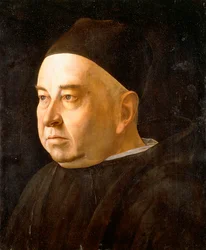 Portret van een geestelijke, borststuk, met zwarte jas en muts, ca. 1490