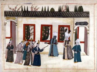 De sultan bezoekt de favoriet met de moeder en het hoofd van de eunuchen. Miniatuur uit 