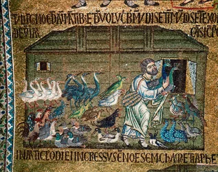 Byzantijnse architectuur: Noach brengt de dieren voor de zondvloed in de ark, mozaïek gemaakt door Venetiaanse kunstenaars, 13e eeuw, Basiliek van San Marco, Venetië