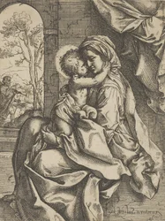 De Maagd zittend met het Christuskind op haar schoot die haar omhelst, Jozef gezien door..., ca. 1600-1613
