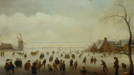 Winterlandschap met Talrijke Schaatsers, Golfspelers en Boeren op Bevroren Waterwegen