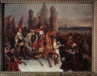De intocht van tsaar Vasili IV van Rusland en graaf Jakob de La Gardie in Moskou, schilderij van Vyacheslav Grigoryevich Schwarz (1838-1869)