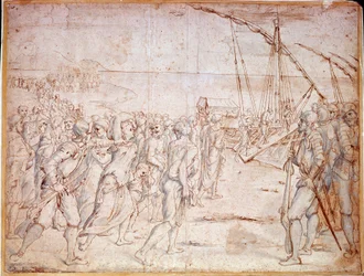 Deportatie van de Morisken uit Spanje na het ondertekenen van een verdrag door Filips III van Spanje op 22/09/1609. Tekening door Vincencio Carducho (1576-1638)