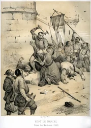 Moord op Étienne Marcel, rijke lakenhandelaar en prévôt van de kooplieden (1316-1358), door de échevin Jean Maillart, een van de leiders van de royalistische partij, in juli 1358. Gravure van Victor Adam (1801-1866) in het boek “Frankrijk in de