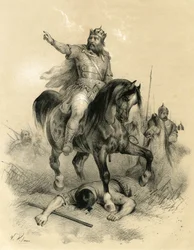 Attila (ca. 395-453), in 445 de enige leider van de Hunnen, verwoestte de rijken van het Oosten en het Westen - Barbaarse invasies - Gravure door Victor Adam (1801-1866) in het boek ‘Frankrijk in de middeleeuwen’, uitgegeven door de gebroeders Ardant in