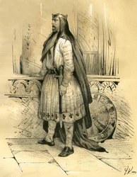 Chlodio de Langharige, leider van de Salische Franken van omstreeks 428 tot zijn dood in 447, vermoedelijk een voorvader van de Merovingen. Gravure van Victor Adam (1801-1866) in het boek „Frankrijk in de Middeleeuwen”, uitgegeven door de gebroeders
