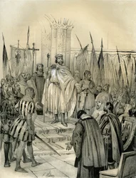 Kroning van Hugo Capet (941-996) in Noyon in 987. Deze kroning markeerde het begin van de Capetingische dynastie, koningen van Frankrijk die gedurende 8 jaar, via directe of indirecte opvolging, heroverden. Gravure door Victor Adam (1801-1866) in het boek