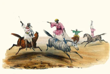 La voltige, door Bedoeïenen. In "Album Grotesque, Keuzes van Opmerkelijke Typen", illustraties door Victor Adam, Parijs, circa 1850