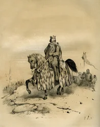 Filips VI van Valois (1293-1350), koning van Frankrijk van 1328 tot 1350, eerste koning van de Valois-dynastie, rijdend aan het hoofd van zijn troepen toen hij in 1328 de macht overnam, ondanks de aanspraken van Eduard III van Engeland. Dit geschil opende 