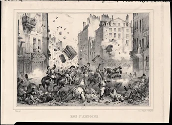 Rue Saint-Antoine in juli 1830, gegraveerd door H. Delaporte