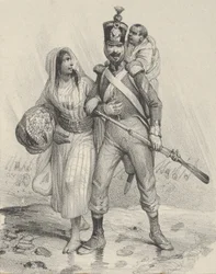 Soldaat met een vrouw aan zijn arm en een kind op zijn rug, midden 19e eeuw