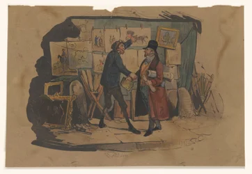 Straatverkoper met een kraam vol kunst houdt een man staande