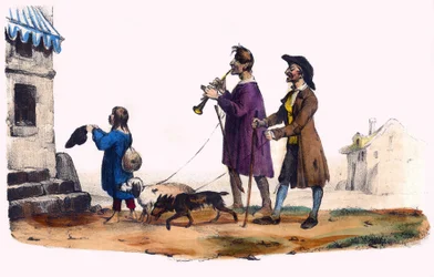 Twee blinden geleid door honden en een bedelend kind. In 