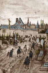 Jansenistische convulsionair (of Saint Medard) (Werken van convulsies) in de 18e eeuw: de zieken en gebrekkigen gaan naar de begraafplaats van Saint-Medard (waar het graf van diaken Francois Paris is) om miraculeus genezen te worden (Convulsionnaire prakti