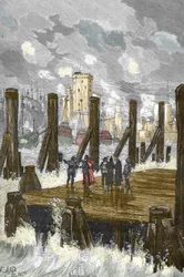 Beleg van La Rochelle (1627-1628): «Kardinaal Richelieu (1585-1642) op de dam van La Rochelle, tijdens het beleg van de stad, wapenplaats van de protestanten in oktober 1628» - Kardinaal Richelieu bij het beleg van La Rochelle in oktober 1628, gravure