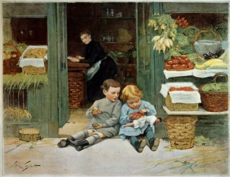 Tour hem. Kind eet toast voor de boodschappen van hun moeder. Het meisje heeft een pop op haar schoot. Schilderij door Victor Gilbert (1847-1935). Parijs, Decoratieve Kunsten