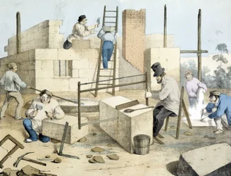 De metselaar, de kleermaker en de steenzager. Lithografie van Janson. 19e eeuw.