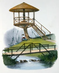 Een hut en rustieke brug in Parc de la Motte, Bourgogne, illustratie uit 