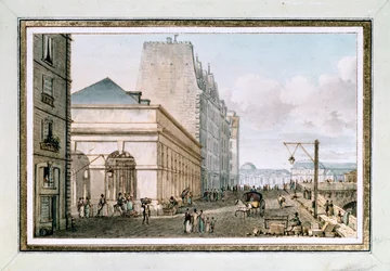 Uitzicht op de nieuwe Pluimveemarkt, gelegen aan de Quai des Augustins nabij de Pont-Neuf, Parijs, ca. 1810