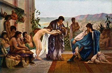 Geschiedenis. Oud Rome. Slavenhandelaar. Illustratie door V. Giraud, Tsjechië, ca. 1910 (ansichtkaart)