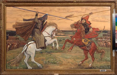 Het duel tussen Alexander Peresvet en de Tataar Chelibey (of Chelubey, Temir Murza (Temir-Murza)) op de vlakte van Koelikovo in 1380, tijdens de slag tussen de Russen en de Gouden Horde
